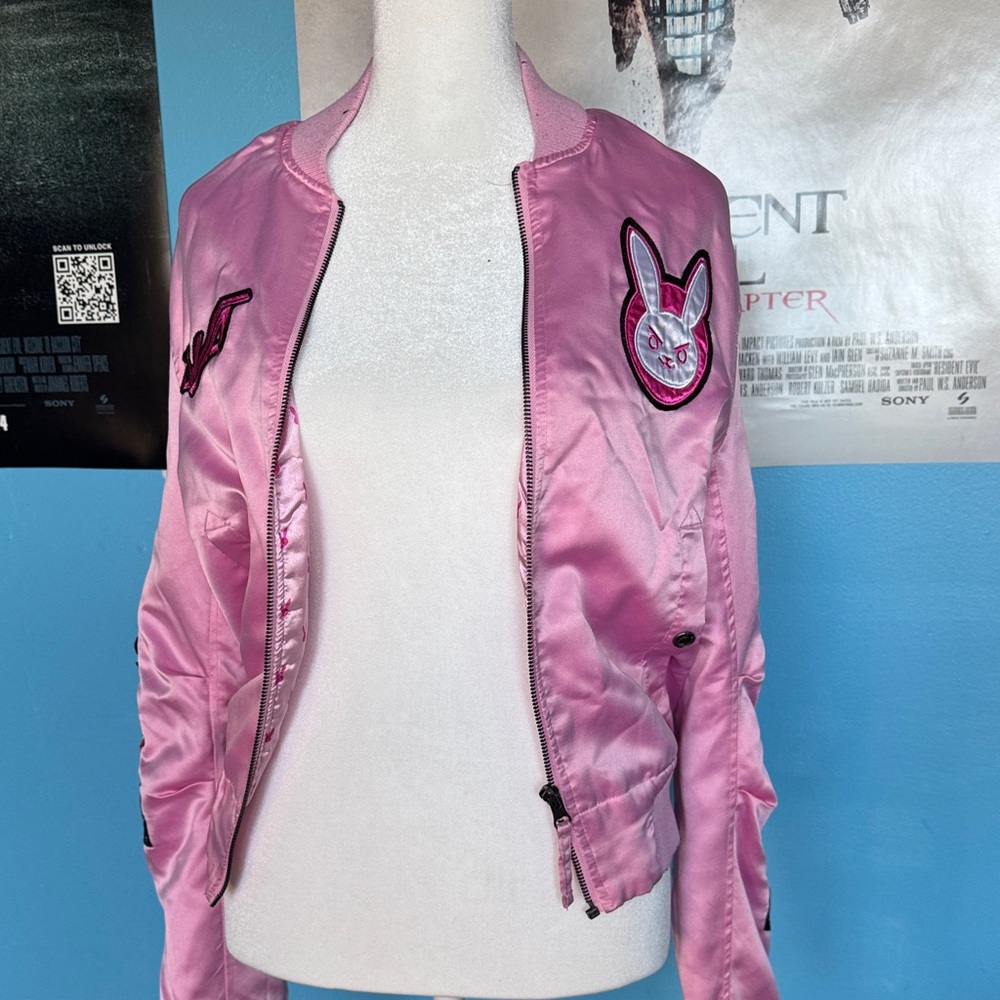 Pink Bomber Jacket with Embroidered Patches